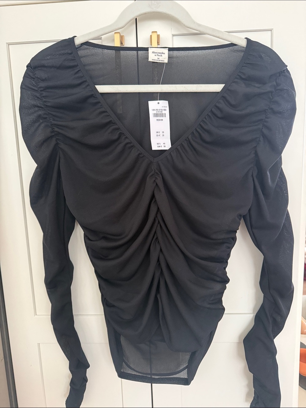 Abercrombie Black Sheer Ruched V-Neck Long-Sleeve top
